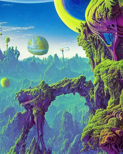 Prompt: rave party on a blue planet by roger dean, biomechanical, 4 k, hyper detailed