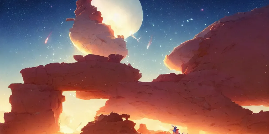 Image similar to desert with sky with stars by studio ghibli, pixar and disney animation, sharp, anime key art by rossdraws greg rutkowski craig mullins, bloom, back lighting