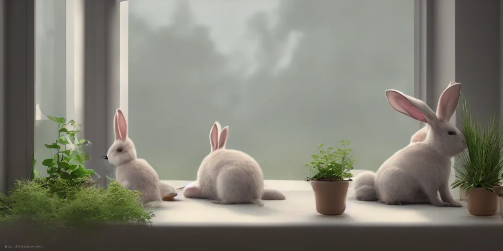 Image similar to beautiful peaceful dreamy painting of a content bunny sitting by a window and looking outside, sunshine coming through the window, small plants on the window sill, 8k, hyper realism, trending on artstation, octane render