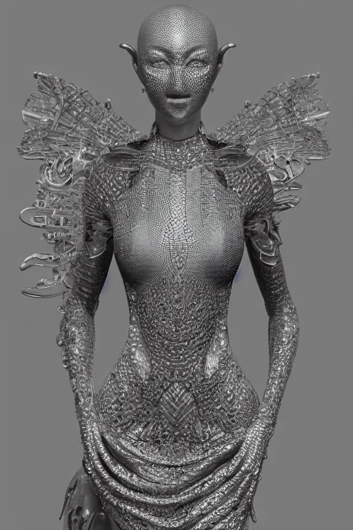 Image similar to a highly detailed medium shot 8 k render portrait of an alien goddess gigi hadid in iris van herpen dress schiaparelli in diamonds and jewelry in style of alphonse mucha trending on artstation made in unreal engine 4