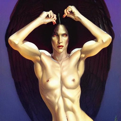 Image similar to portrait of a woman with long, muscular legs, short torso, and wings, by Gerald Brom