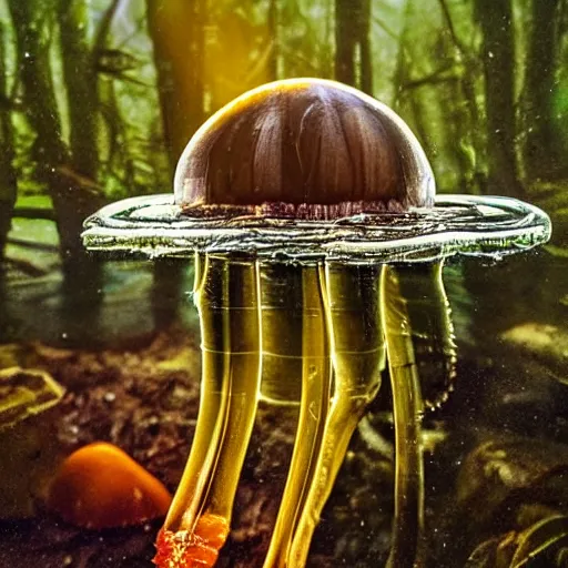 Image similar to jellyfish, mushroom, sun, water, forest