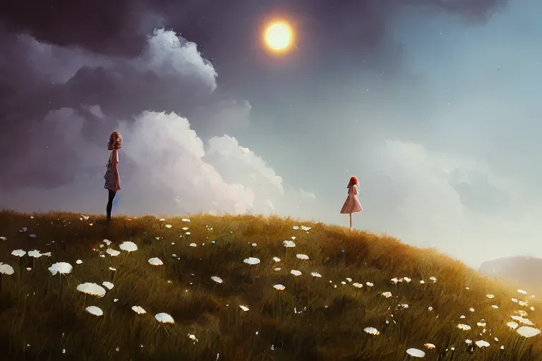 Image similar to giant white daisy flower over head, girl standing on cliff, surreal photography, solar eclipse, milky way, dramatic light, impressionist painting, clouds, digital painting, artstation, james gilleard, liam wong, jeremy mann, simon stalenhag