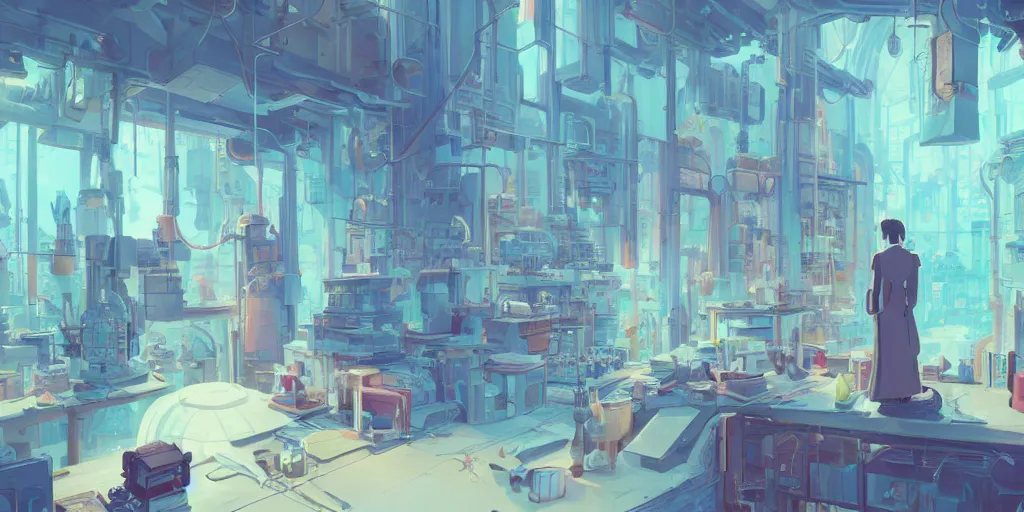 Image similar to god's workshop, detailed, potions, scrolls, arcane books, different organs of the human body, mechanisms for building bionic robots, james gilleard, atey ghailan, makoto shinkai, goro fujita, studio ghibli, rim light, exquisite lighting, clear focus, very consistent, plain background, soft painting