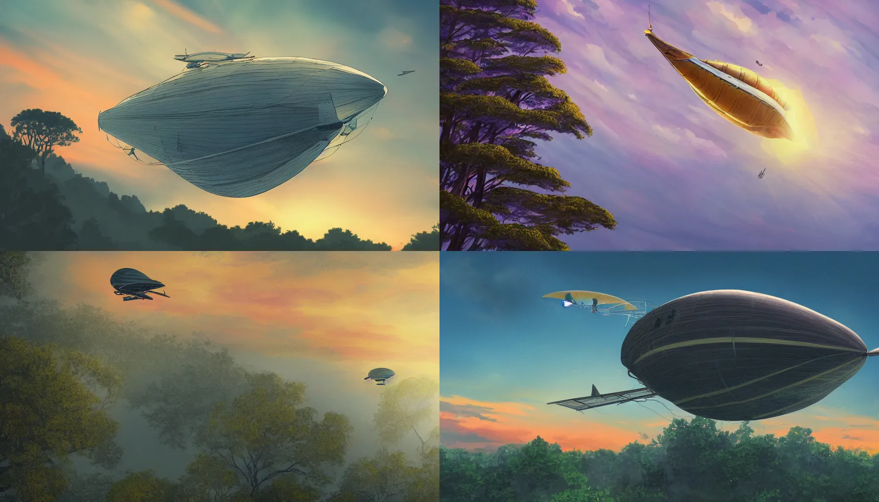 Prompt: an airship skimming the tree tops at dawn, illustration, 4k, bright colors, dark linework