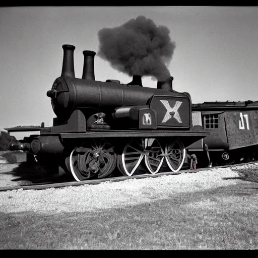 Prompt: WW2 era photograph of a Schwere-Gustav train artillery from WW2 with with Thomas the Tank Engine face