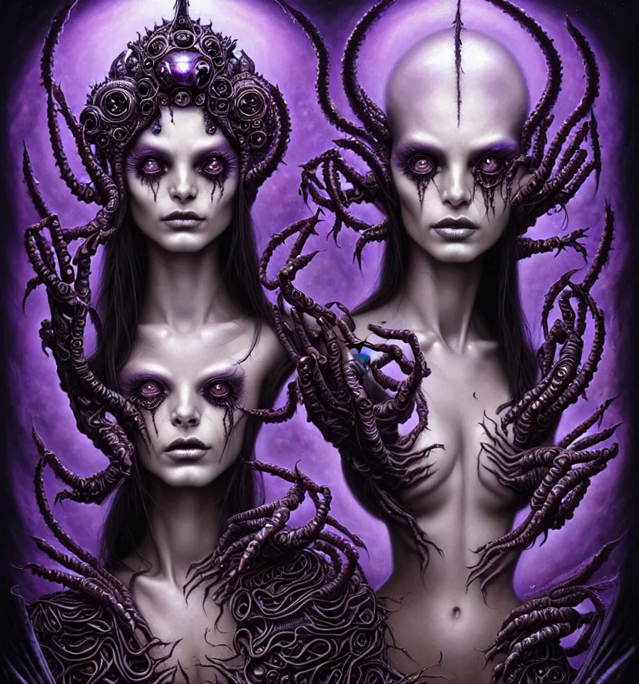 Image similar to A beautiful detailed alien goddess woman with 6 arms super dark tarot card, gorgeous model face by Stanley Artgerm, by tomasz alen kopera and Justin Gerard, 4 eyes, beautiful symmetrical features, ominous, magical realism, melting, texture, intricate, ornate, royally decorated, melting, whirling smoke, embers, purple adornments, blue torn fabric, radiant colors, fantasy, trending on artstation, volumetric lighting, micro details, 3d sculpture, ray tracing, 8k, anaglyph effect