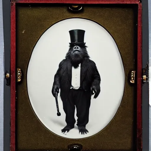 Image similar to a vintage wet plate portrait of a dignified bigfoot with a top hat and cane, extremely detailed, by george hurrell!!!!!!!!!!!!!!!!!!