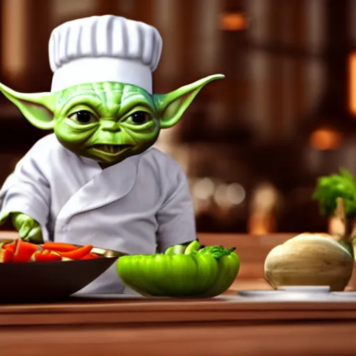 Image similar to curious mouth agape innocent tiny chubby babyfat baby yoda as chef wearing white chefs hat and white apron, offering a plate of food, vegetables, photography, hyperrealism, unreal engine, octane 3 d render, houdini, unity 3 d