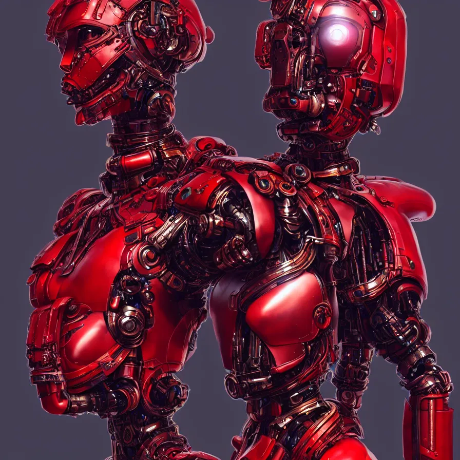 Prompt: portrait, super hero pose, red biomechanical dress, inflateble shapes, wearing epic bionic cyborg implants, masterpiece, intricate, biopunk futuristic wardrobe, highly detailed, art by akira, mike mignola, artstation, concept art, background galaxy, cyberpunk, octane render