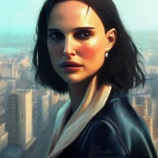 Image similar to closeup portrait of natalie portman from the movie leon the professional, hitman, city background, dramatic light, gorgeous view, depth, high detail, digital art, painted by greg rutkowski and seb mckinnon, by tim burton, trending on artstation