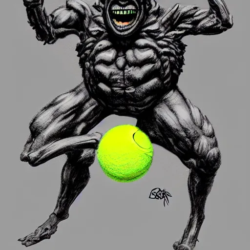 Image similar to a tennis ball monster, tennis ball, dark, chalky, gargoyle, digital art, fantasy, magic, trending on artstation, ultra detailed, professional illustration by Basil Gogos