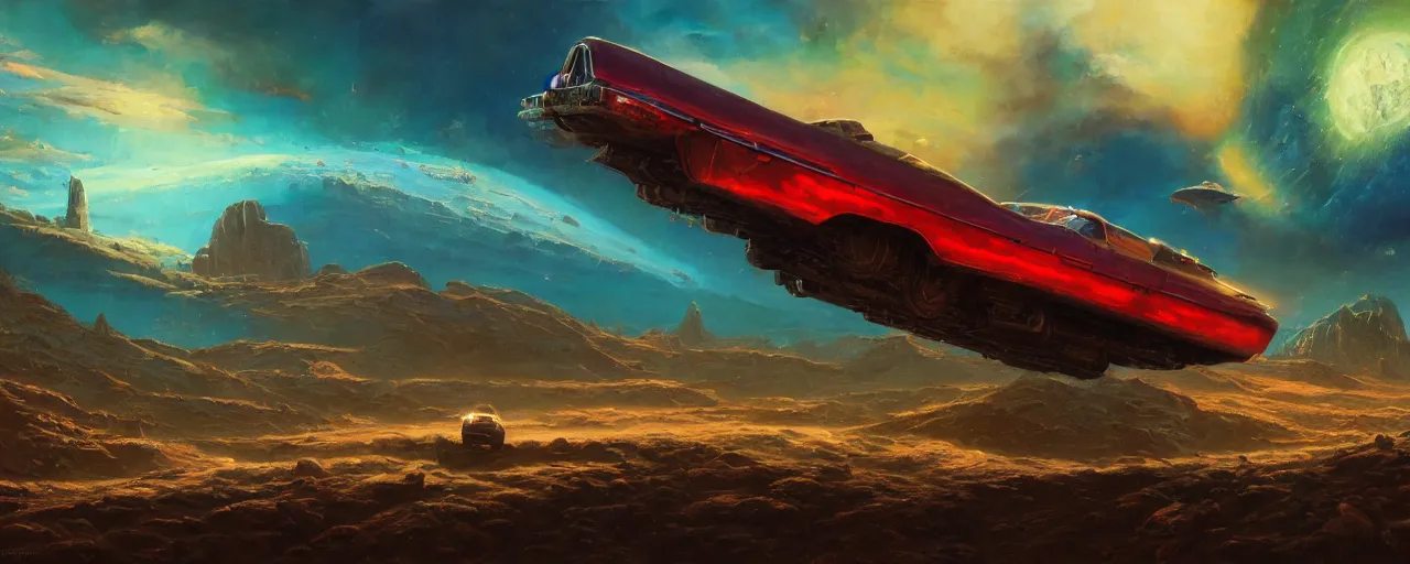 Prompt: cinematic vehicle in retro scifi landscape, beautiful colours, sharp textures, nikolay georgiev, alex ross, bruce pennington, donato giancola, larry elmore, masterpiece, oils on canvas, trending on artstation, featured on pixiv, cinematic composition, sharp, details, hyper - detailed, hd, hdr, 4 k, 8 k