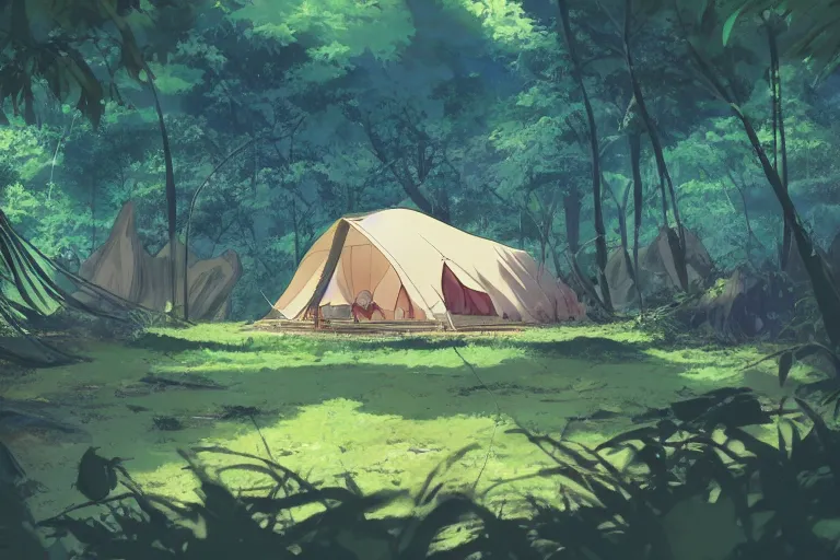 Image similar to A tent built in the amazonian jungle, hanging veins, peaceful wide landscape, solarpunk, wide perspective, no humans, soft lighting, anime film still, by Makoto Shinkai and studio ghibli, cell shading, high details