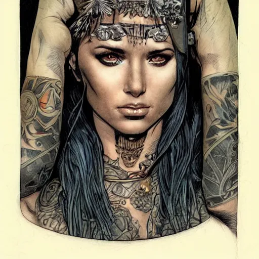 Image similar to a beautiful portrait of a heavily tattooed Roman woman Travis Charest style