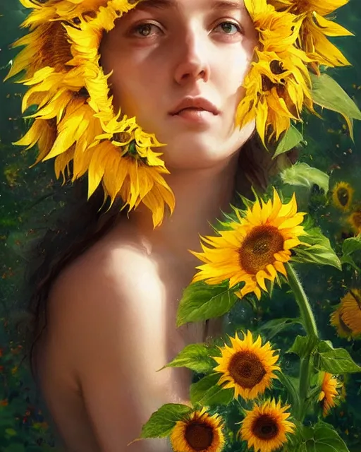 Image similar to Goddess of Summer, yellow-eyes!!!!!!!!!!, sunflowers, gorgeous portrait, intricate, elegant, volumetric lighting, scenery, digital painting, highly detailed, artstation, sharp focus, illustration, concept art, ruan jia, steve mccurry