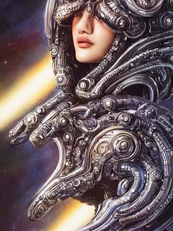 Image similar to portrait art of 8k ultra realistic retro futuristic Medusa , galaxy reflected helmet , detailed intricate ornate armour,eldritch horror,blade runner, cybernetic, full of colour, cinematic lighting, battered, trending on artstation, 4k, hyperrealistic, focused, extreme details,unreal engine 5, cinematic, masterpiece, art by ayami kojima, giger