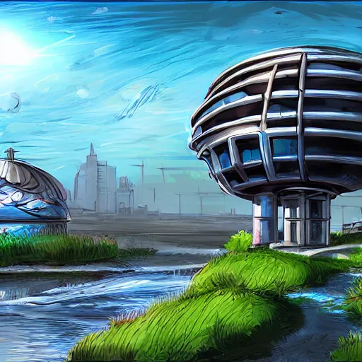 Image similar to round sci-fi building next to a river and houses, sense of hope, daytime, bright sky, digital art, art station, extremely detailed