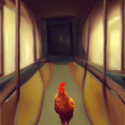 Image similar to a beautiful painting of a chicken sitting in a subway seat, rutkowski, realism, cinematic lighting