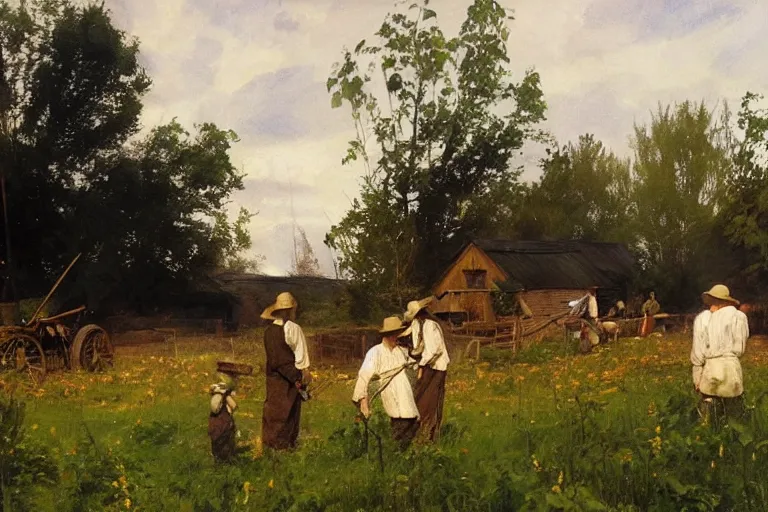 Image similar to simple amish farmers tending to their cottage vegetable gardens, art by anders zorn, wonderful masterpiece by greg rutkowski, beautiful cinematic light, american romanticism thomas lawrence, greg rutkowski