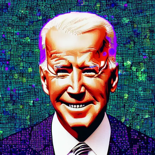 Image similar to portrait mosaic of joe biden with robot ears and eyes, 4k, intricate details, digital, sun in the background