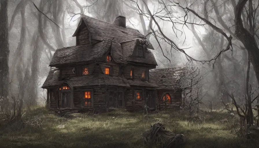 Image similar to abandoned witch cabin in a middle of a dark forest covered by huge cobwebs, hyperdetailed, artstation, cgsociety, 8 k