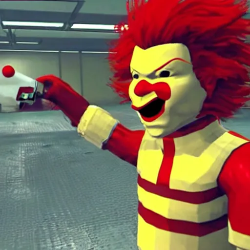 Image similar to image of ronald mcdonald, white face, red afro, red nose and yellow outfit as an enemy in metal gear solid 1 video game, with low poly playstation 1 graphics, upscaled to high resolution