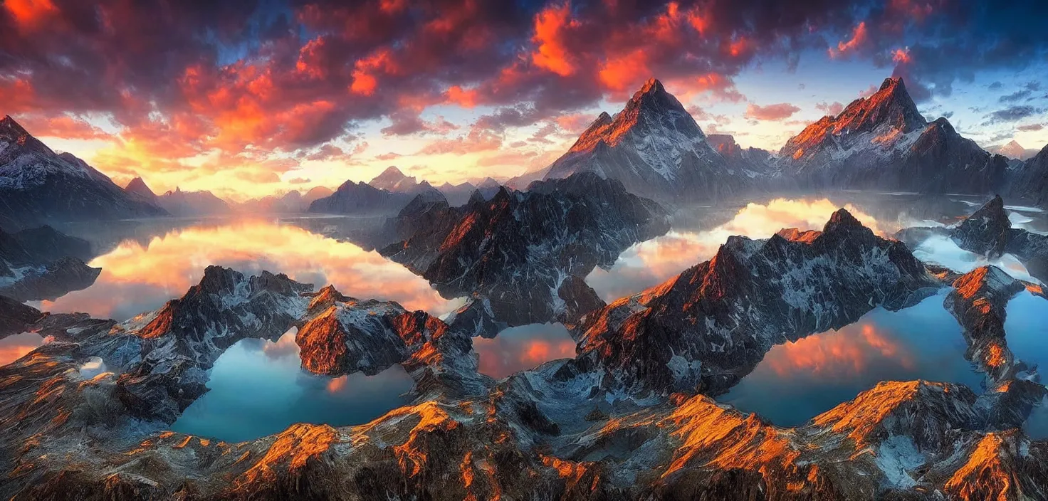 Image similar to amazing landscape photo of mountains with lake in sunset by marc adamus, beautiful dramatic lighting