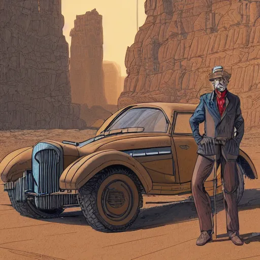 Prompt: a man standing next to a car in desert, brutalist city, dieselpunk style, steampunk, jean giraud, moebius, francois schuiten, illustration, drawing, painting, clean lines, digital art, detailed, artstation, hd, 8 k, 4 k