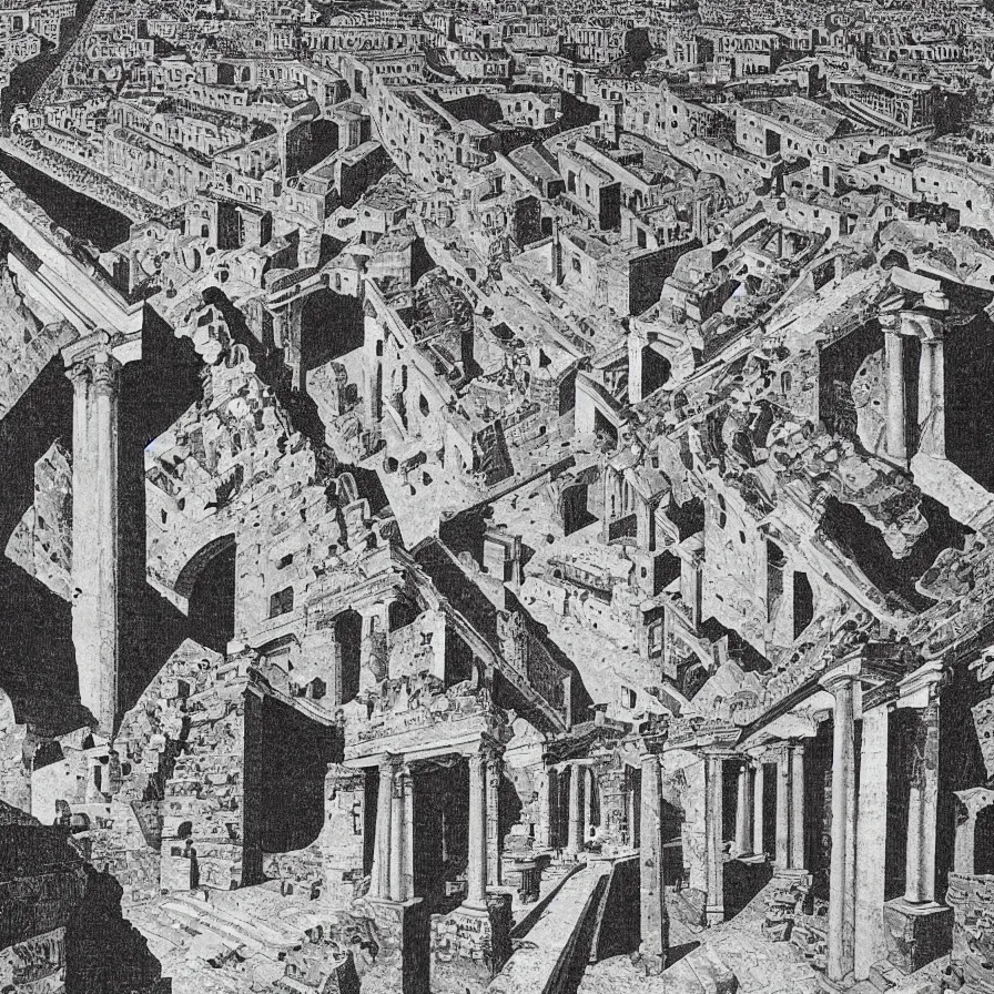 Image similar to trompe - l'oeil monochrome patterns about ancient rome by m. c. escher