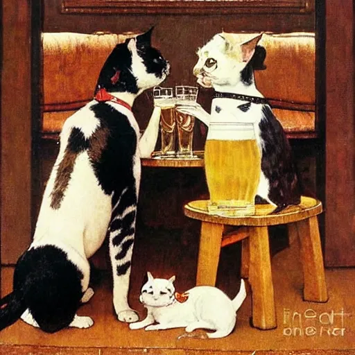 Image similar to norman rockwell painting of cats and dogs drinking beer