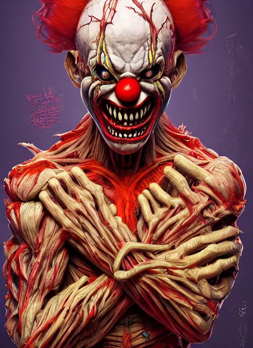 Image similar to evil horror clown, monster anatomy, ross tran, vivid colors, anatomical, highly detailed sculpture, intricate detailed, ommatidia, 8 k, cinematic atmosphere, post - processing