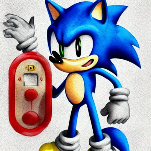 Image similar to Sonic in the style of Mario, with a mustache, beautiful watercolor art drawing, in the style of artist Simon Stalenhag s-90 - C 7