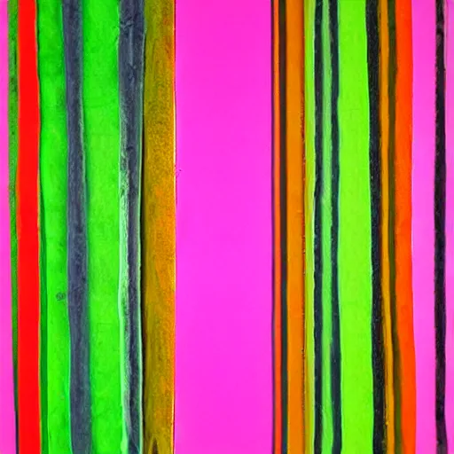 Prompt: Mixed media art. a series of vertical stripes in different colors. 1970s era, DayGlo green by Lucio Fontana, by Thomas Nast minimalist