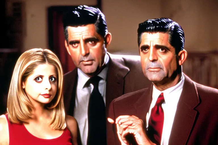 Prompt: sarah michelle gellar as buffy and cary grant as giles in buffy the vampire slayer