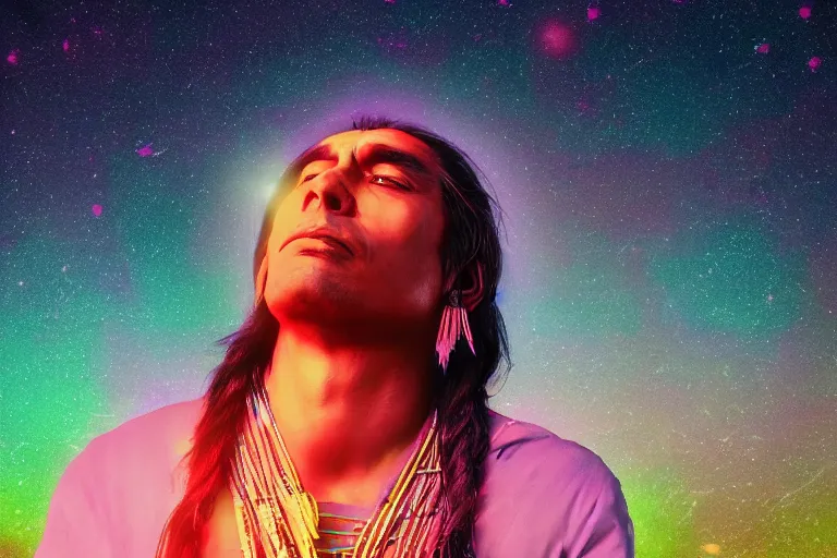 Image similar to photograph of a spiritual native american man looking up at the stars, art, universe, blender, pastel colors, synthwave, retro, cyberpunk,