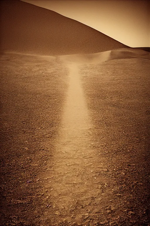 Image similar to walking down a single path in a desert, dream, tonemapped, sepia, photorealistic