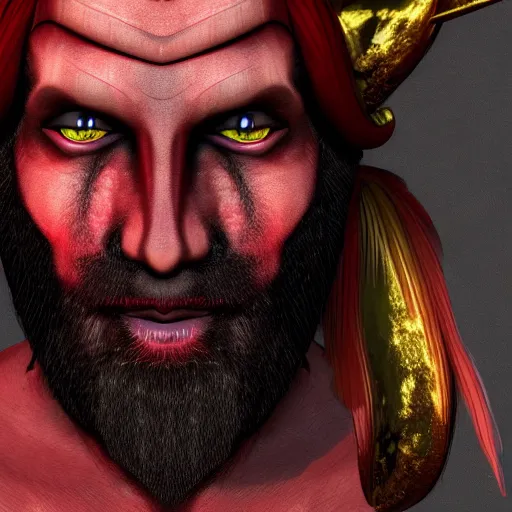 Image similar to dnd render of a male tiefling, red scales, a big black beard, completely golden eyes, 1 curved horn growing out of his forehead, one broken horn growing out of his forehead,