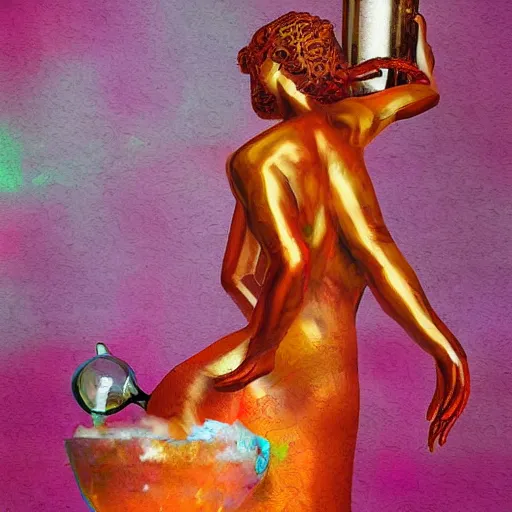 Prompt: a reneissance statue holding a coctail, medium shot, colorful coctail, digital painting