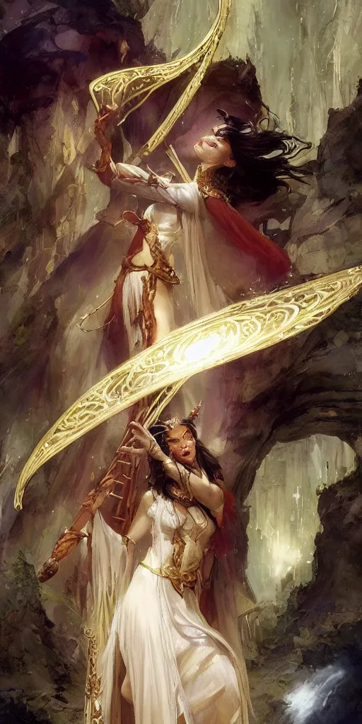 Prompt: beautiful fragile elf bard in robes, playing on a harp, masterpiece , cinematic, powerful, dramatic light, highly, intricate elements, detailed, digital painting, artstation, concept art, sharp focus, illustration, dynamic by Edgar Maxence and Ross Tran and Michael Whelan art by Frank frazetta