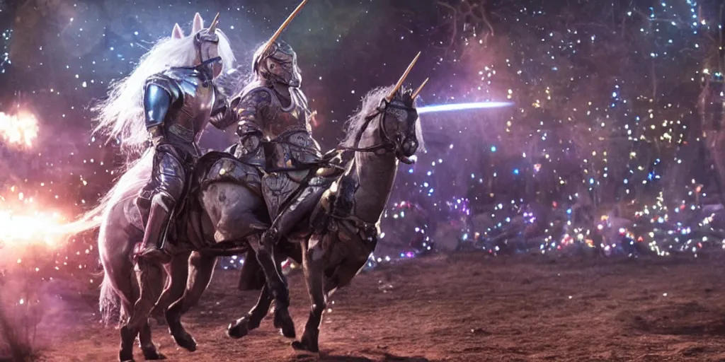 Image similar to stephen hawking jousting on a sparkly unicorn the last knight cinematic