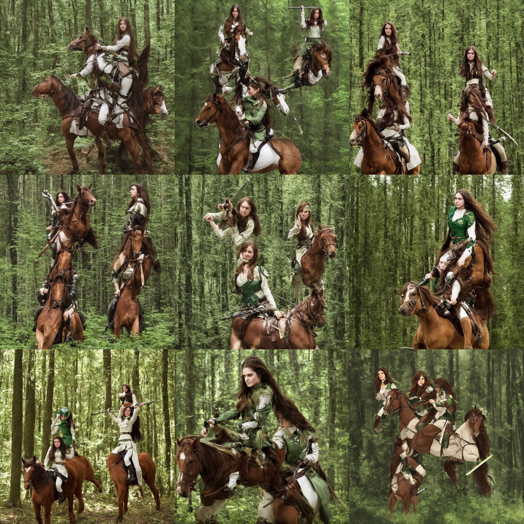 Prompt: a young woman with long brown hair wearing a green uniform with saber at hand, riding a horse through an evergreen forest