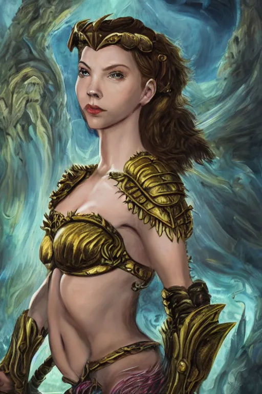 Image similar to A fantasy comic book style portrait painting of Cory Chase, hybrid, Anya Taylor-Joy, as an Atlantean Reptilian Warrior, François Boucher, Oil Painting, Mystical, Modest, Valkyrie, wearing intricately designed, jewel inlaid Armor, unreal 5, DAZ, hyperrealistic, octane render, Regal, Refined, Detailed Digital Art, RPG portrait, William-Adolphe Bouguereau, Michael Cheval, Walt Disney (1937), Steampunk, dynamic lighting, Highly Detailed, Cinematic Lighting, Unreal Engine, 8k, HD