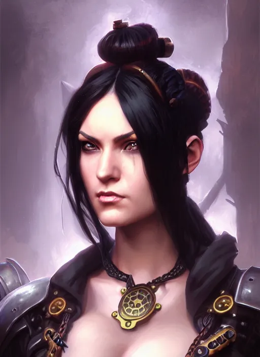 Image similar to a _ fantasy _ style _ portrait _ painting _ of steampunk woman, ponytail black hair, round face, rpg dnd oil _ painting _ unreal _ 5 _ daz. _ rpg _ portrait _ extremely _ detailed _ artgerm _ greg _ rutkowski _ greg