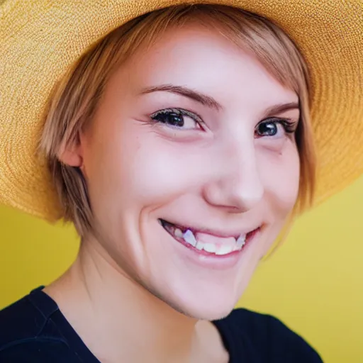 Image similar to portrait of a smiling 2 5 - year - old french woman with angle 3 / 4 face nails pretty face, medium yellow blond hair, character with a hat, hair comes out of the hat a little