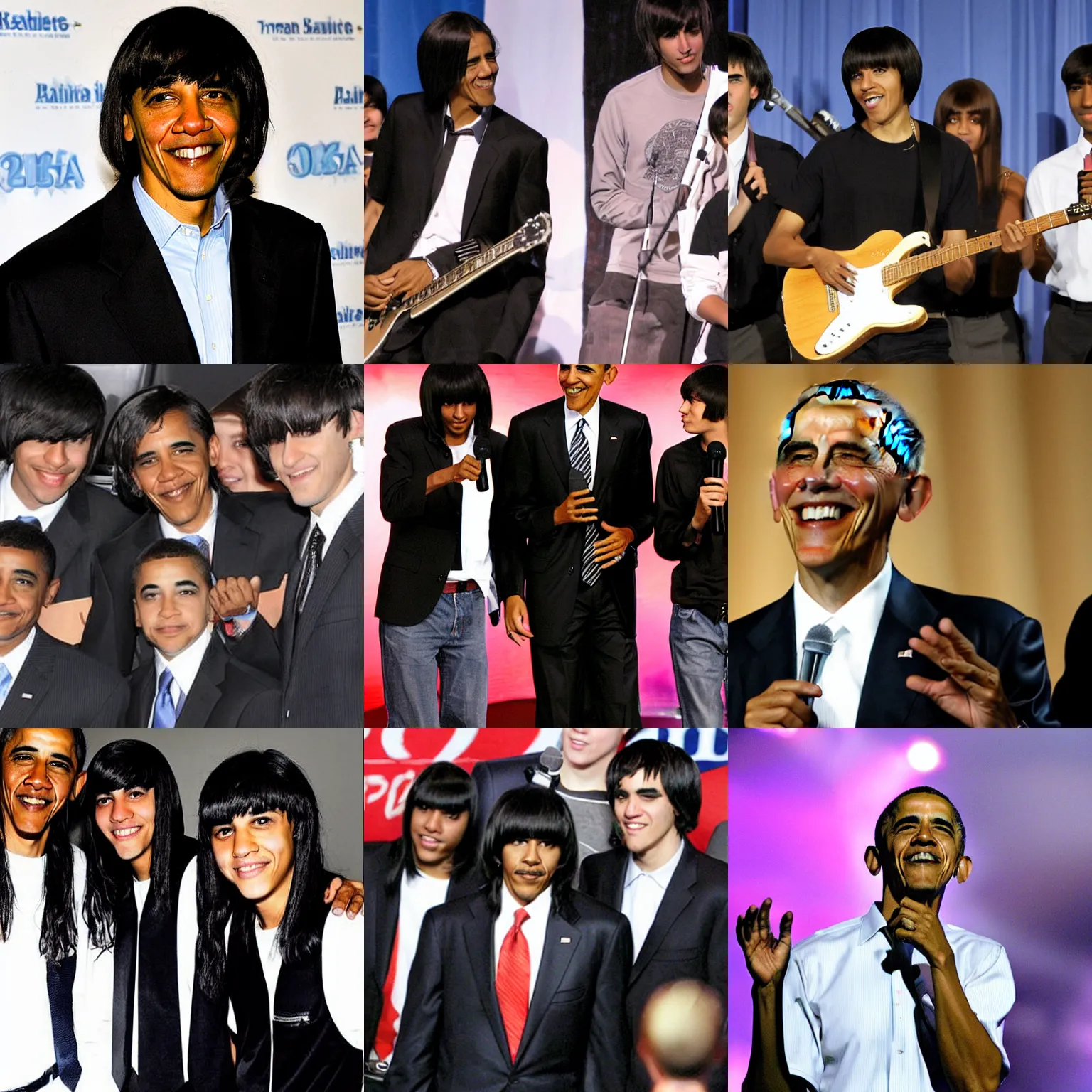 Prompt: barack obama with emo hair and long, flat - ironed bangs as the lead singer of a boyband in 2 0 0 9