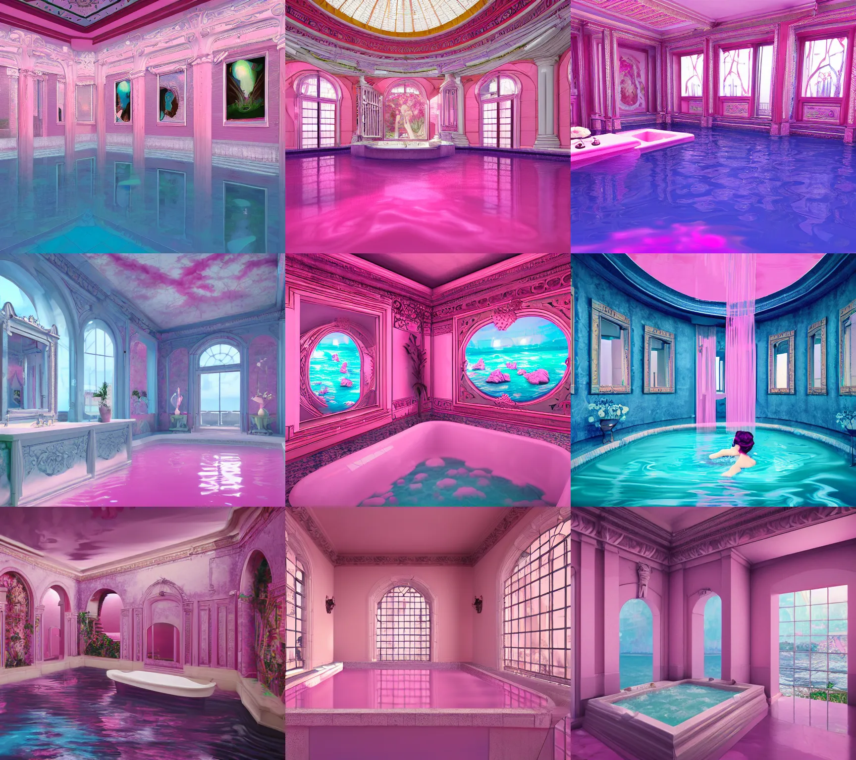 Prompt: Ornate vaporwave bath house indoors, pink water in a large bath, long shot, digital art, trending on Artstation, matte painting