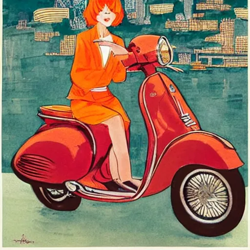 Image similar to the orange - haired vespa queen in hong kong, by amiet kuno and coby whitmore