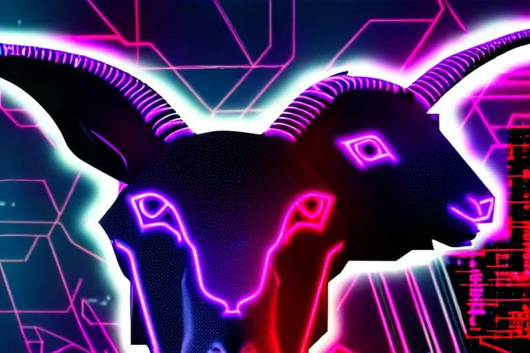 Image similar to complex cyberpunk machine background merged with evil cybernetic goat head in center focus, multicolored digital art