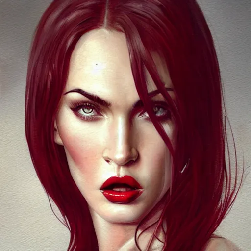 Prompt: full face and body portrait of megan fox, sexy muscular upper body in tight dress, blood red eyes, vampire fangs, fantasy, intricate, elegant, highly detailed, digital painting, artstation, concept art, matte, sharp focus, illustration, art by aenaluck and roberto ferri and greg rutkowski, epic fantasy, digital painting